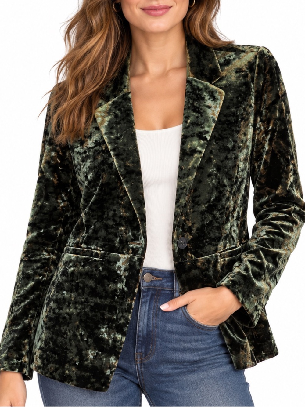Sanctuary Crushed Velvet Blazer Olive Green Floral Lined Size M